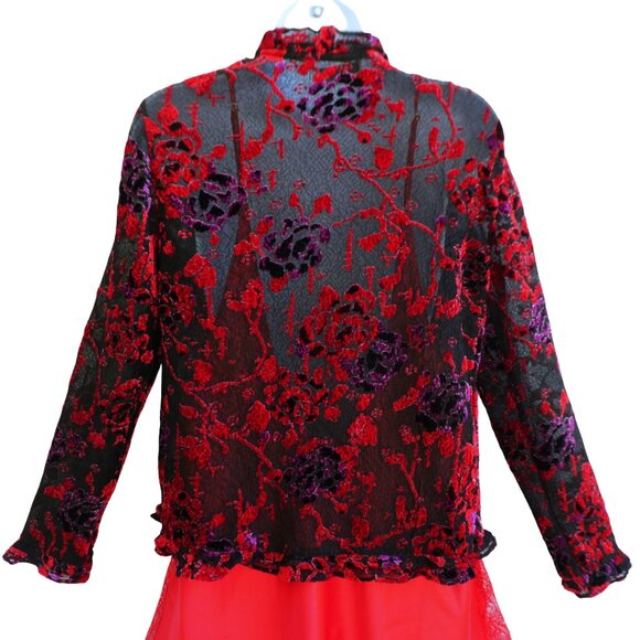 Vintage 90s Y2K Coldwater Creek Sheer VeLVeT BuRNouT Blouse Ruffles Whimsygoth - Picture 2 of 14